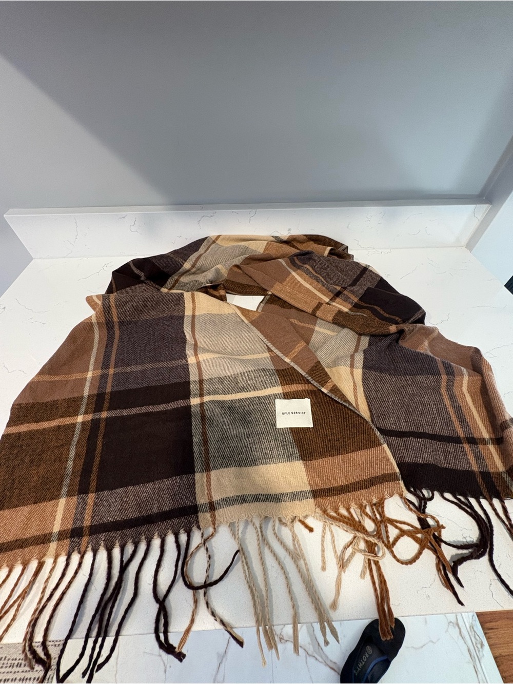 Sfle Servicf brand Plaid Fringe Scarf in Brown Tones